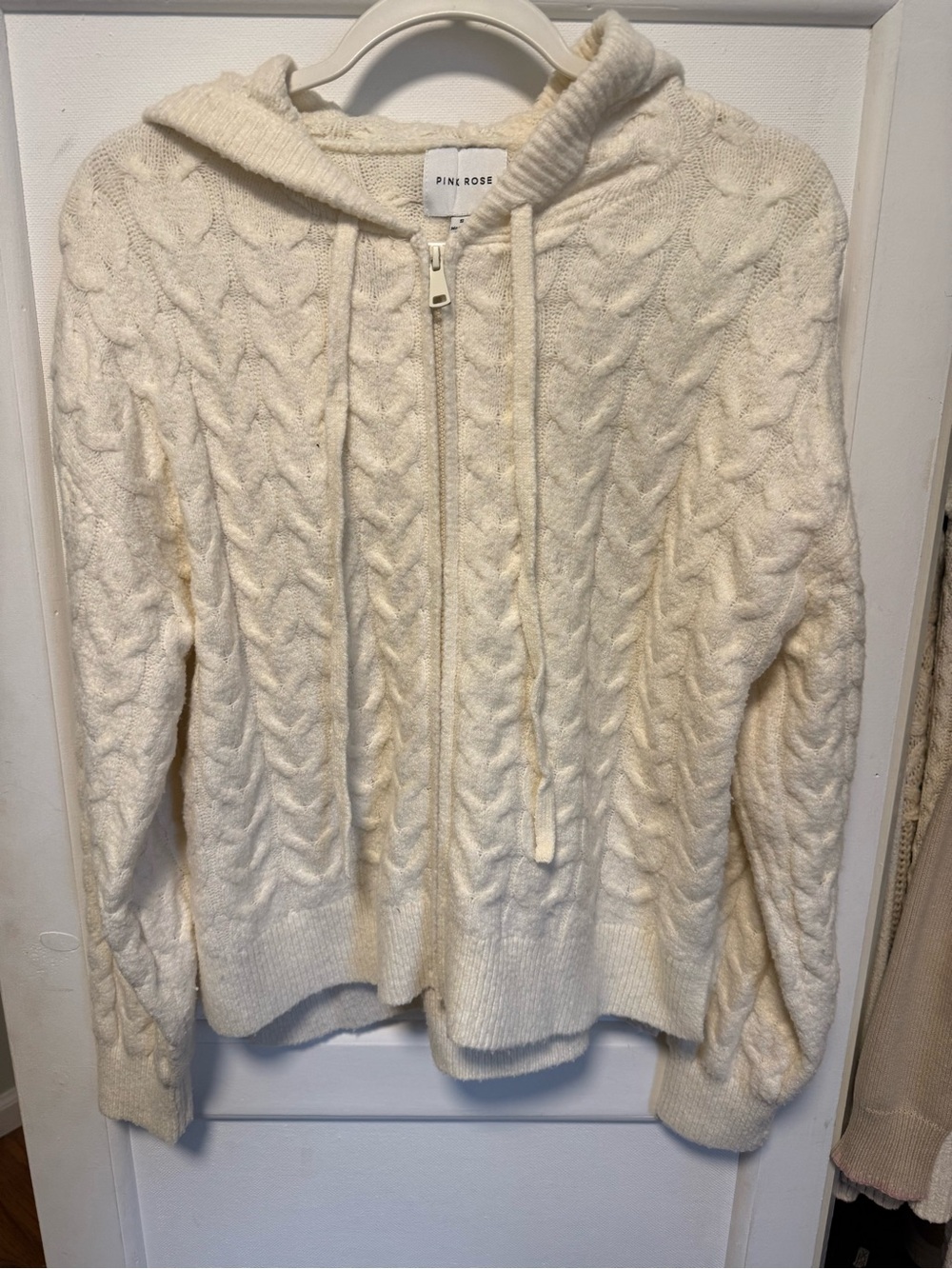Pink Rose Cream Cable-Knit Zip Hoodie Cardigan